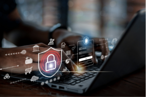 Illustration showing a cybersecurity expert tapping on a laptop to counter threats